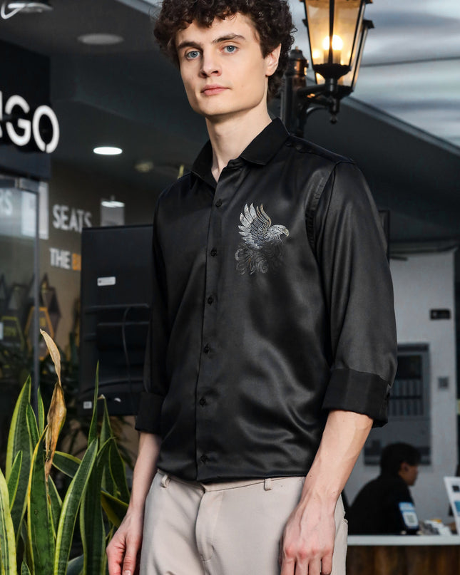 Iridium Black Sequence Club Wear Satin Party Shirt