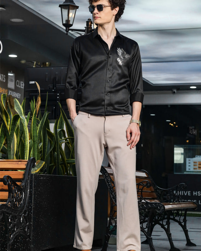 Iridium Black Sequence Club Wear Satin Party Shirt