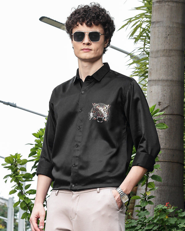 Shuttle Black Sequence Club Wear Satin Party Shirt