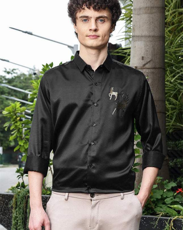 Cinder Black Sequence Club Wear Satin Party Shirt