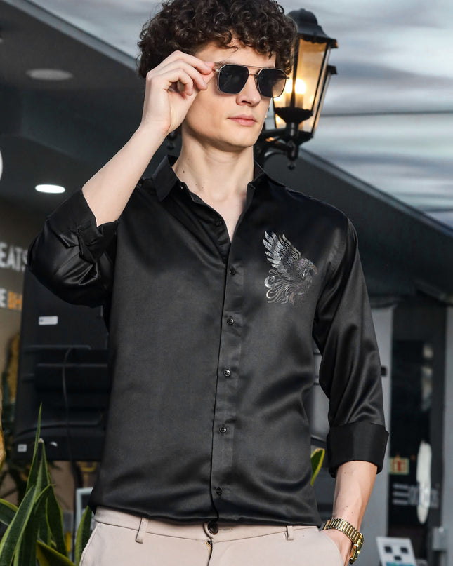 Iridium Black Sequence Club Wear Satin Party Shirt