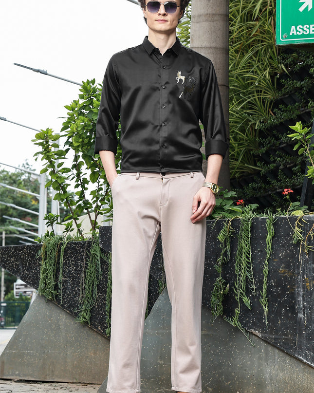 Cinder Black Sequence Club Wear Satin Party Shirt