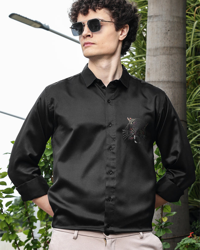 Shuttle Black Sequence Club Wear Satin Party Shirt