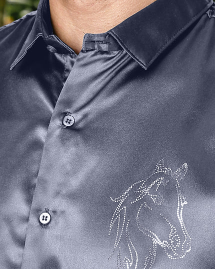Slate Grey Sequence Club Wear Satin Party Shirt