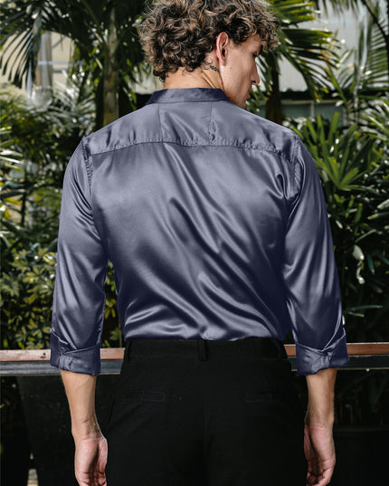 Slate Grey Sequence Club Wear Satin Party Shirt