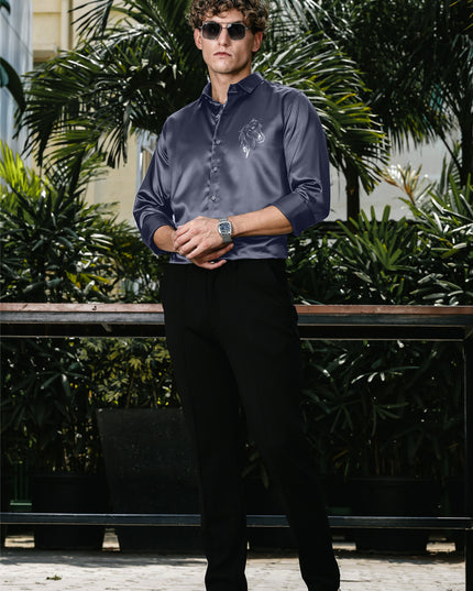 Slate Grey Sequence Club Wear Satin Party Shirt