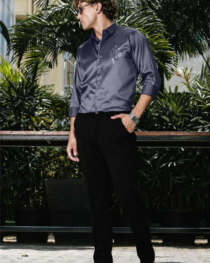 Slate Grey Sequence Club Wear Satin Party Shirt