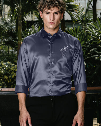 Slate Grey Sequence Club Wear Satin Party Shirt