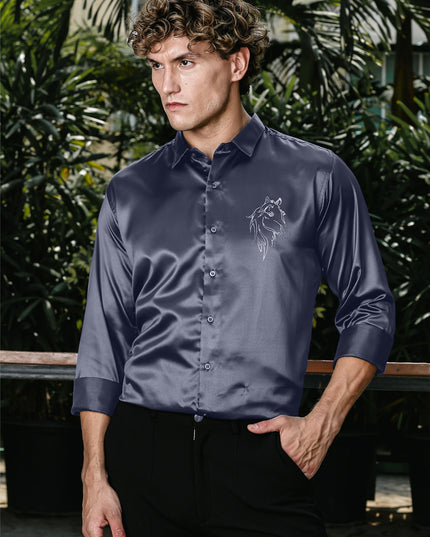Slate Grey Sequence Club Wear Satin Party Shirt