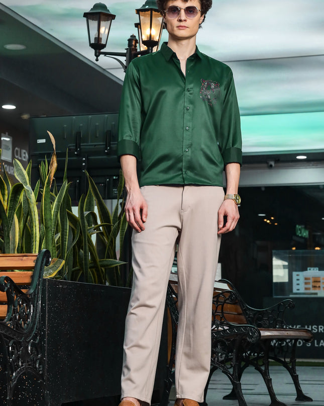 Plantation Green Sequence Club Wear Satin Party Shirt