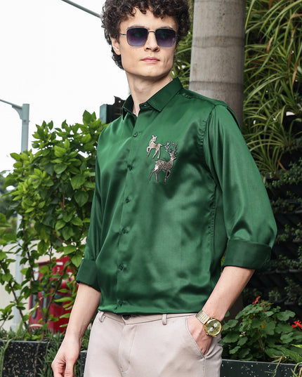 Hippie Green Sequence Club Wear Satin Party Shirt