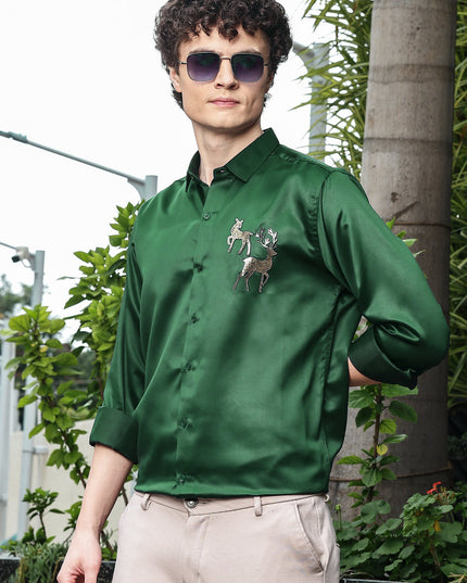 Hippie Green Sequence Club Wear Satin Party Shirt