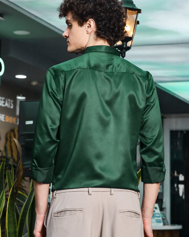 Plantation Green Sequence Club Wear Satin Party Shirt