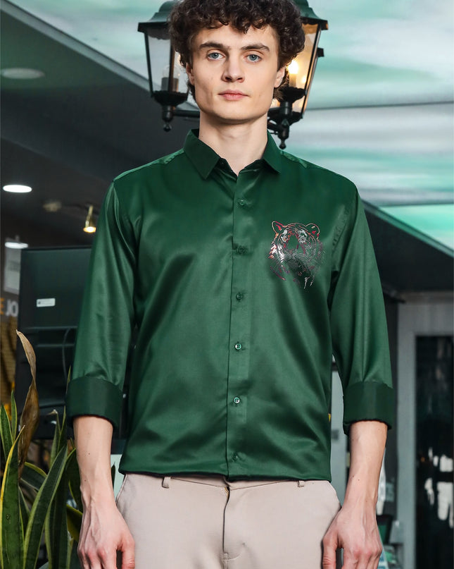 Plantation Green Sequence Club Wear Satin Party Shirt