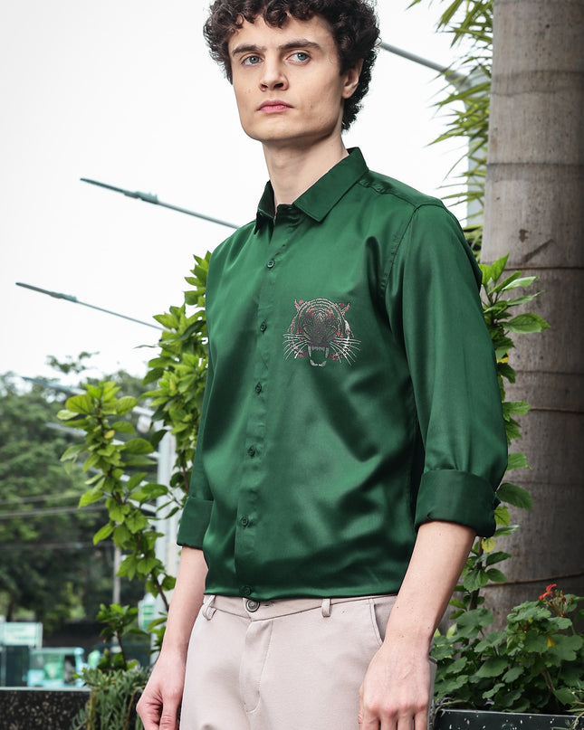 Spring Leaves Sequence Club Wear Satin Party Shirt