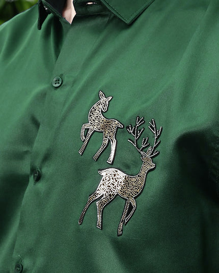 Hippie Green Sequence Club Wear Satin Party Shirt