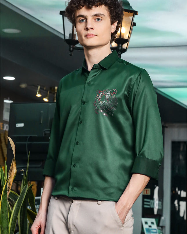 Plantation Green Sequence Club Wear Satin Party Shirt