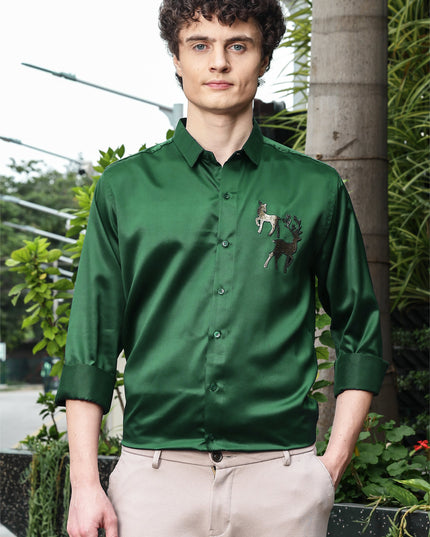 Hippie Green Sequence Club Wear Satin Party Shirt