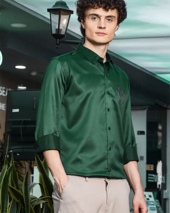 Plantation Green Sequence Club Wear Satin Party Shirt