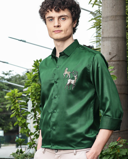 Hippie Green Sequence Club Wear Satin Party Shirt