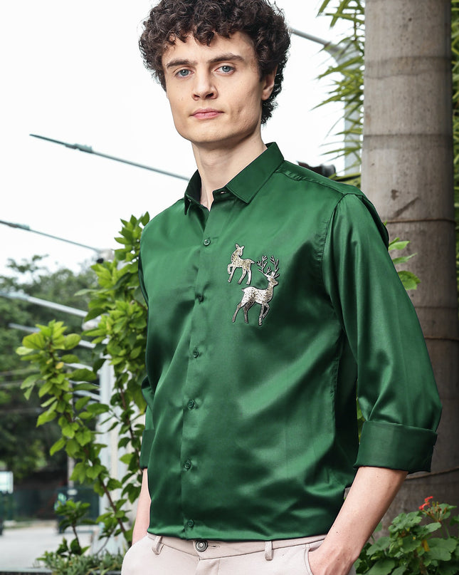 Hippie Green Sequence Club Wear Satin Party Shirt