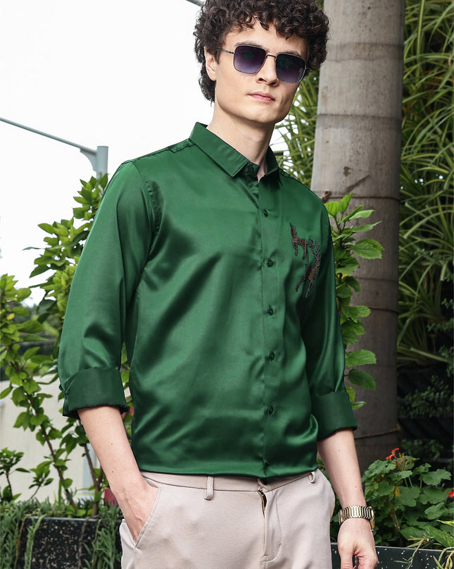 Hippie Green Sequence Club Wear Satin Party Shirt