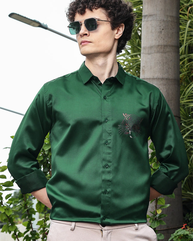 Spring Leaves Sequence Club Wear Satin Party Shirt