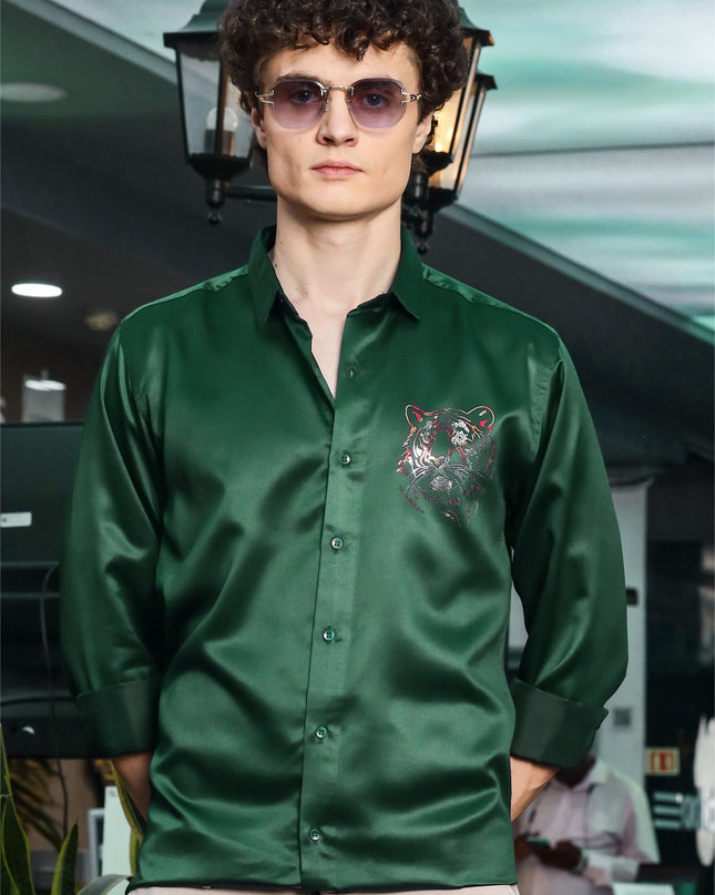 Plantation Green Sequence Club Wear Satin Party Shirt