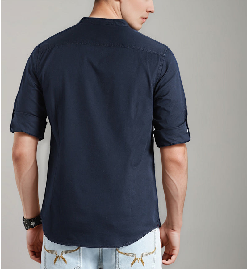 IndoPrimo Men's Cotton Navy Blue Mandrain Collar Casual Solid Shirt