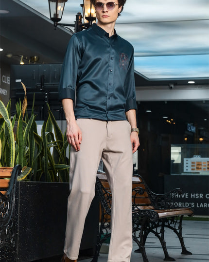 Nile Rama Blue Sequence Club Wear Satin Party Shirt