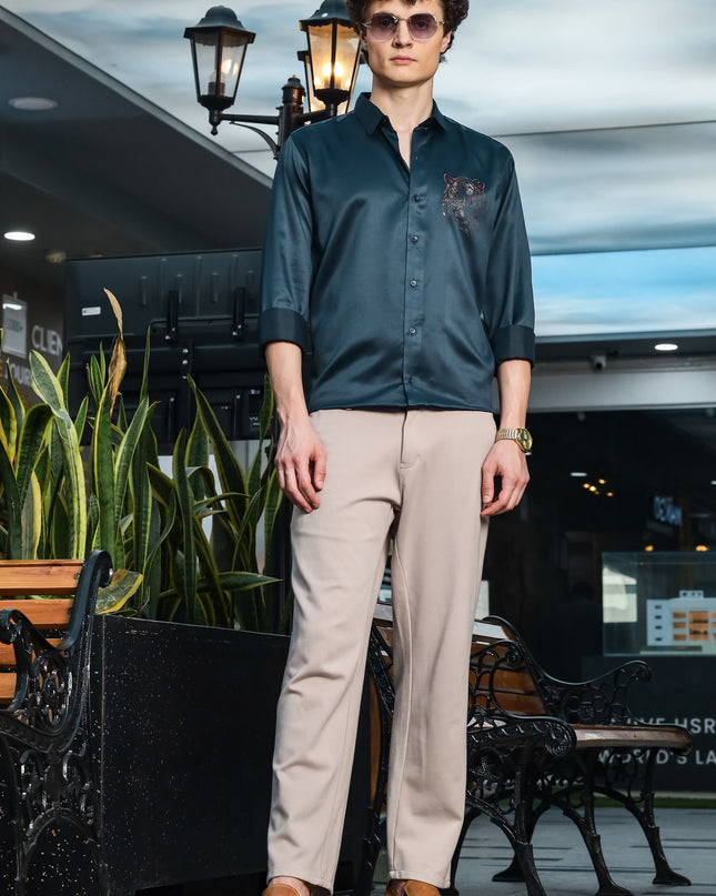 Nile Rama Blue Sequence Club Wear Satin Party Shirt