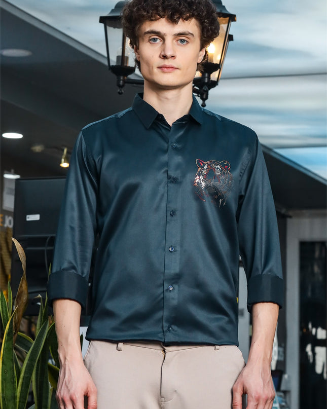 Nile Rama Blue Sequence Club Wear Satin Party Shirt