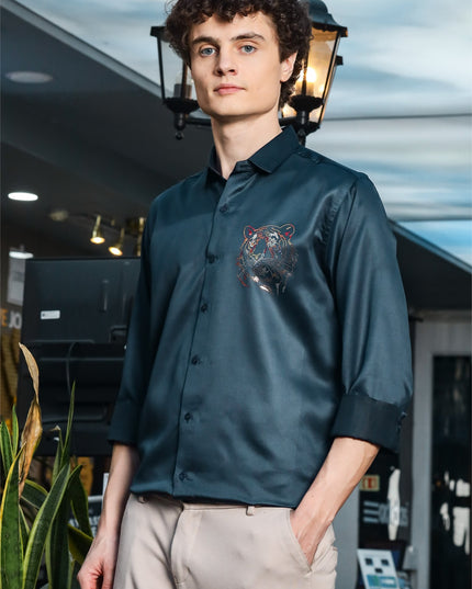 Nile Rama Blue Sequence Club Wear Satin Party Shirt