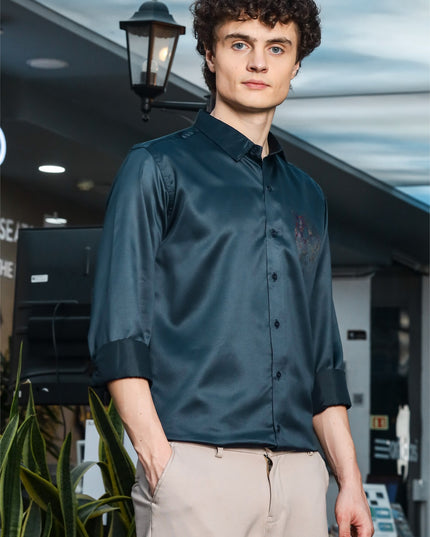 Nile Rama Blue Sequence Club Wear Satin Party Shirt