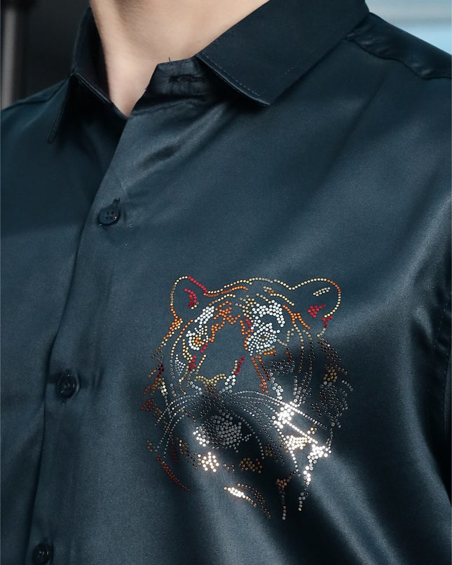 Nile Rama Blue Sequence Club Wear Satin Party Shirt