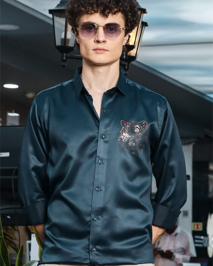 Nile Rama Blue Sequence Club Wear Satin Party Shirt