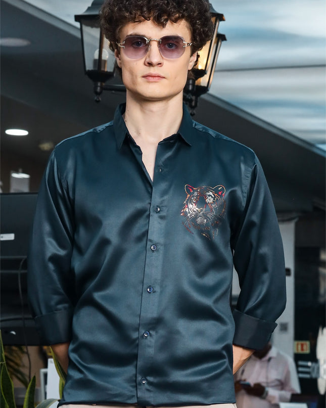 Nile Rama Blue Sequence Club Wear Satin Party Shirt