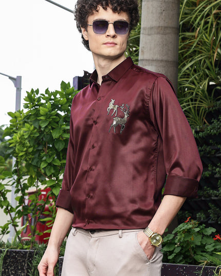 Deep Red Sequence Club Wear Satin Party Shirt