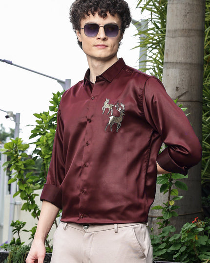 Deep Red Sequence Club Wear Satin Party Shirt