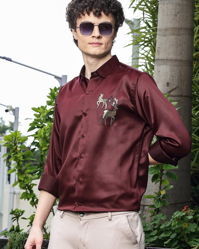 Deep Red Sequence Club Wear Satin Party Shirt