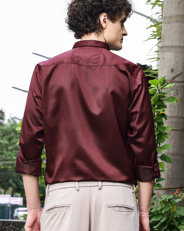 Deep Red Sequence Club Wear Satin Party Shirt