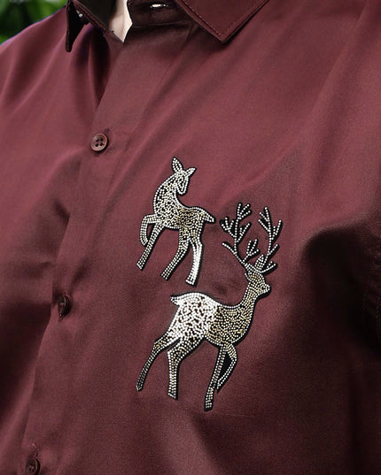 Deep Red Sequence Club Wear Satin Party Shirt