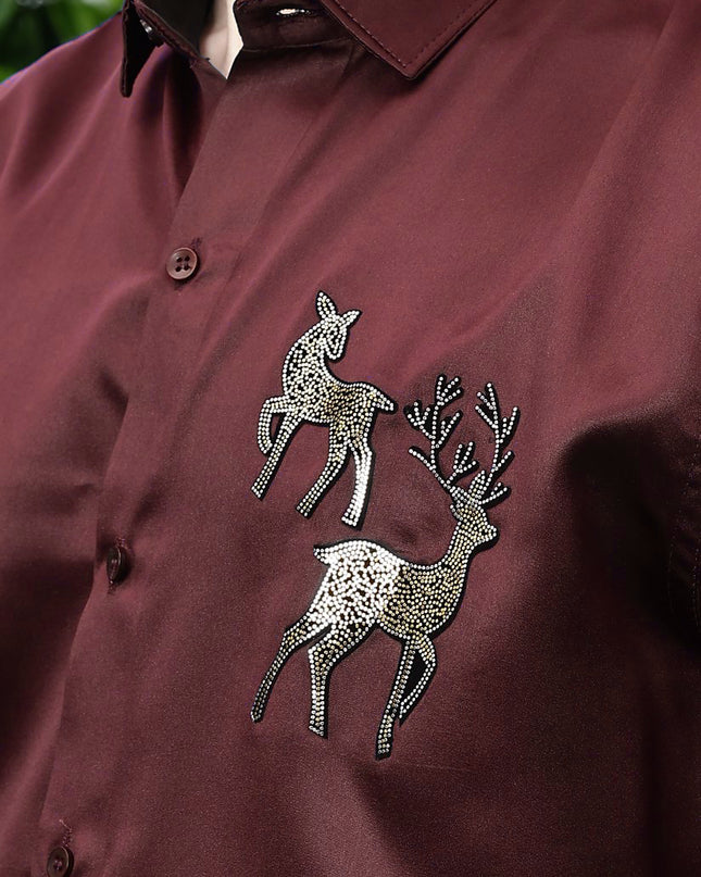 Deep Red Sequence Club Wear Satin Party Shirt