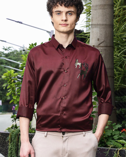 Deep Red Sequence Club Wear Satin Party Shirt