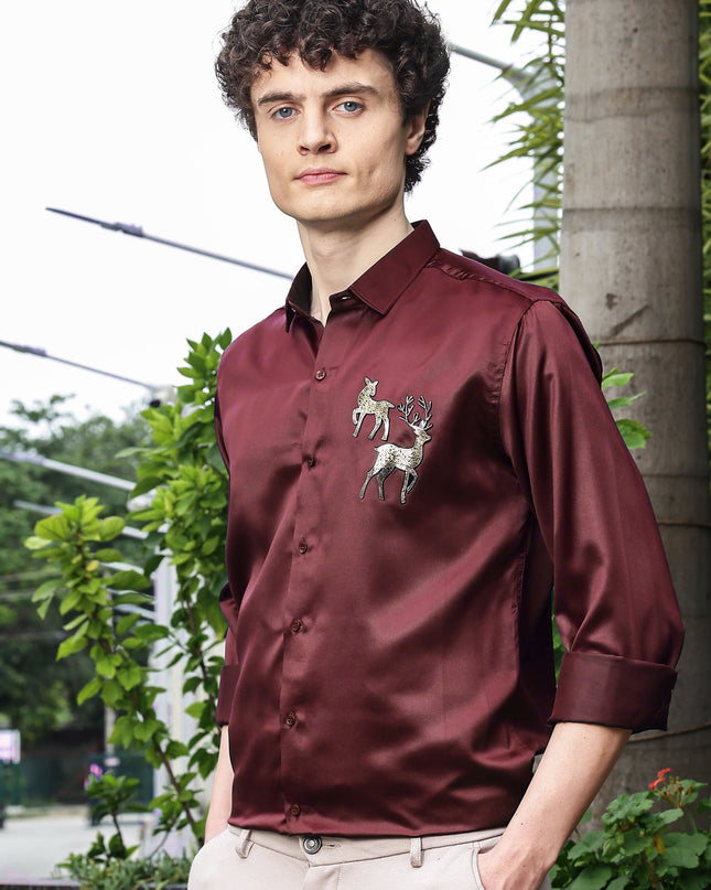 Deep Red Sequence Club Wear Satin Party Shirt