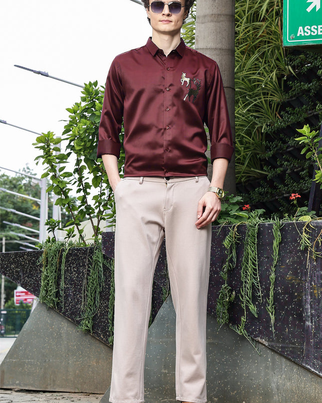 Deep Red Sequence Club Wear Satin Party Shirt