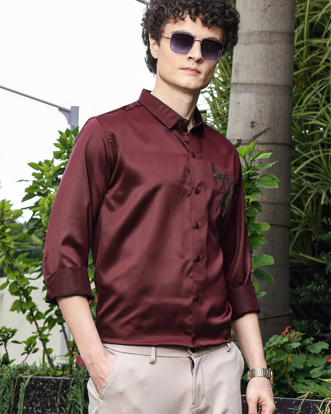 Deep Red Sequence Club Wear Satin Party Shirt
